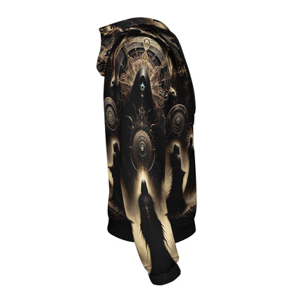 Side view of The Hooded Covenant Cotton Terry hoodie by Loud and Lethal featuring dark mystical hooded figures design