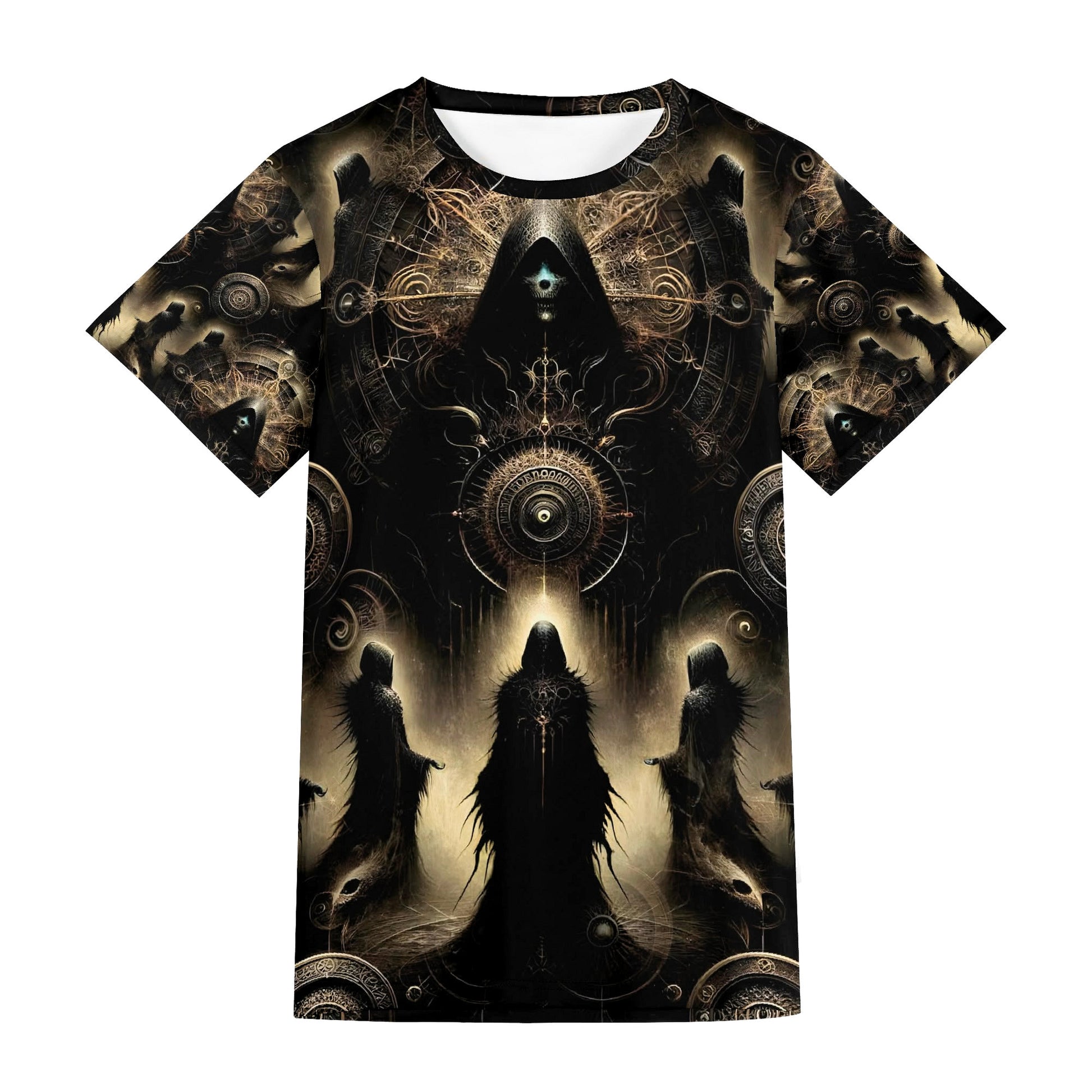 The Hooded Covenant Lycra T-Shirt by Loud and Lethal with dark mystical hooded figures and intricate designs
