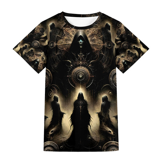 The Hooded Covenant Lycra T-Shirt by Loud and Lethal with dark mystical hooded figures and intricate designs