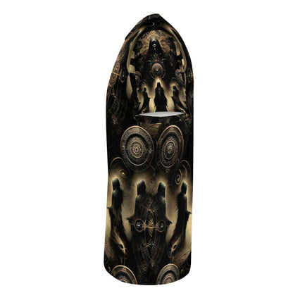 The Hooded Covenant Lycra T-Shirt by Loud and Lethal with dark mystical hooded figures and intricate circular designs