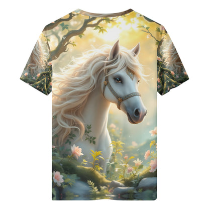 The Mystical Mare Organic Cotton Kids T-Shirt featuring a white horse in a magical forest scene
