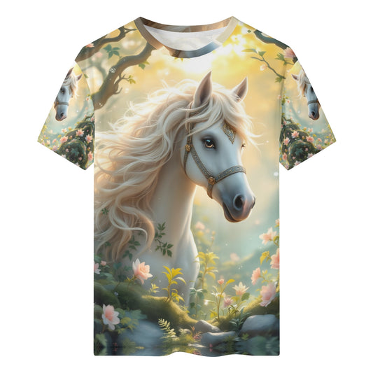 The Mystical Mare Organic Cotton Kids T-Shirt with a detailed white horse and floral fantasy design