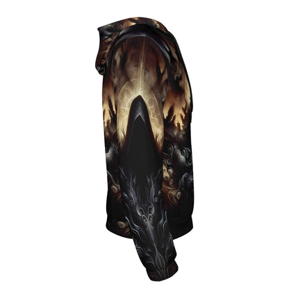 Side view of The Omen Bearer Cotton Terry Hoodie by Loud and Lethal with dark intricate graphic design