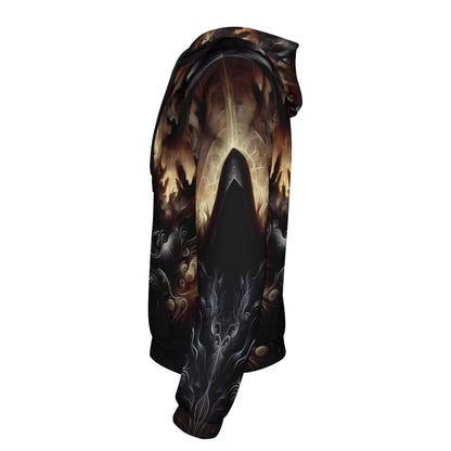 Side view of The Omen Bearer Cotton Terry Hoodie by Loud and Lethal with dark mystical hooded design