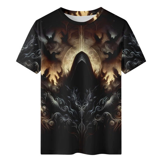 The Omen Bearer Lycra T-Shirt by Loud and Lethal with dark mystical hooded figure design
