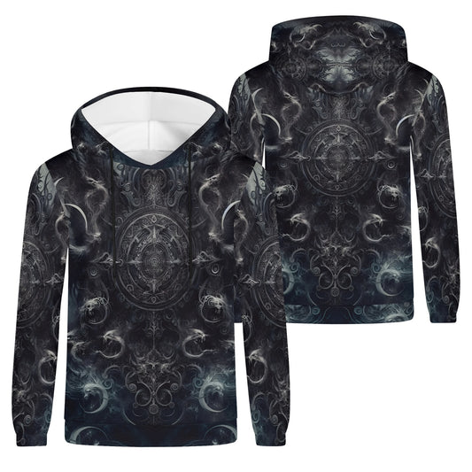 The Ornate Prophecy Cotton Terry hoodie unisex black intricate mystical pattern front and back view