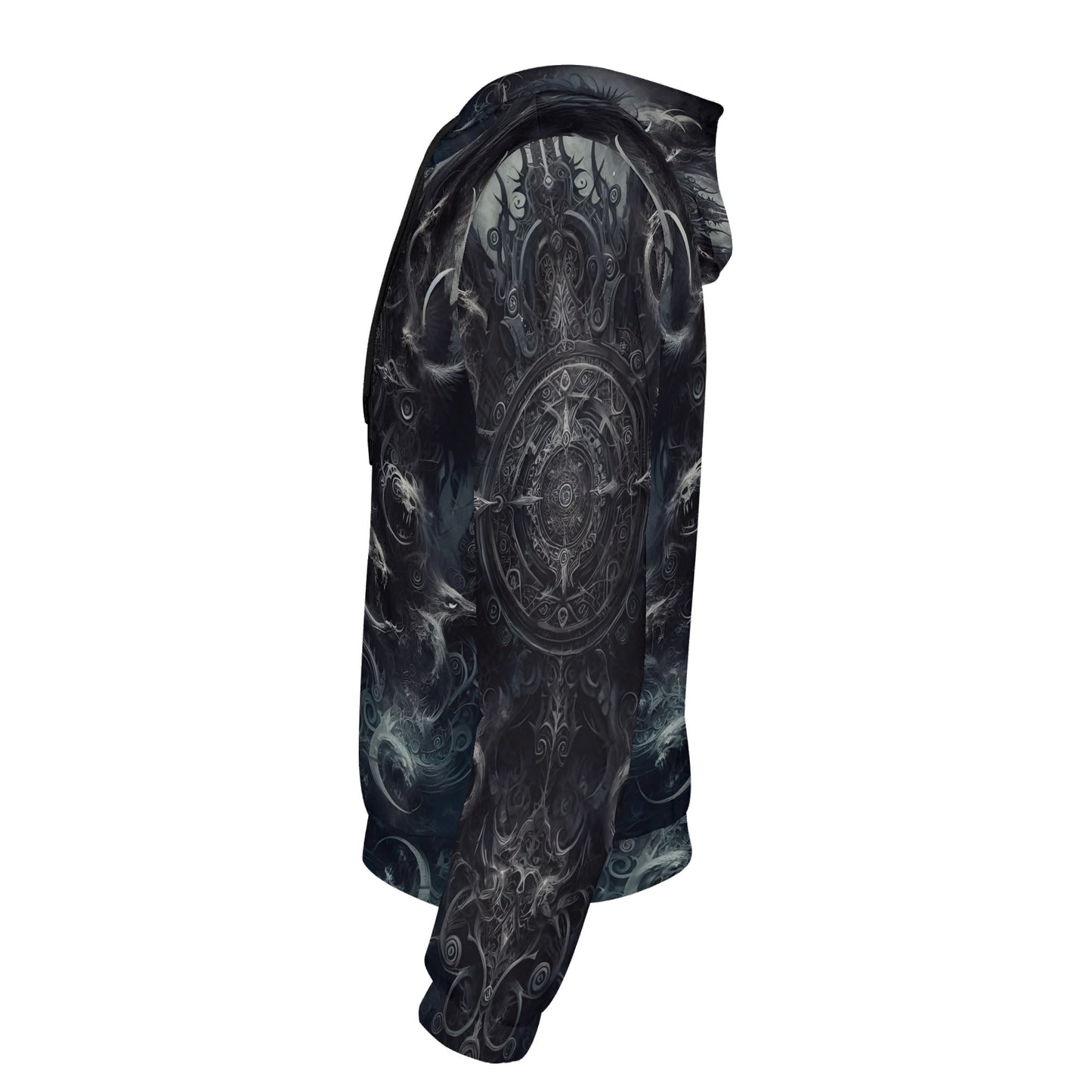 Side view of Loud and Lethal The Ornate Prophecy Cotton Terry hoodie featuring dark intricate mystical design
