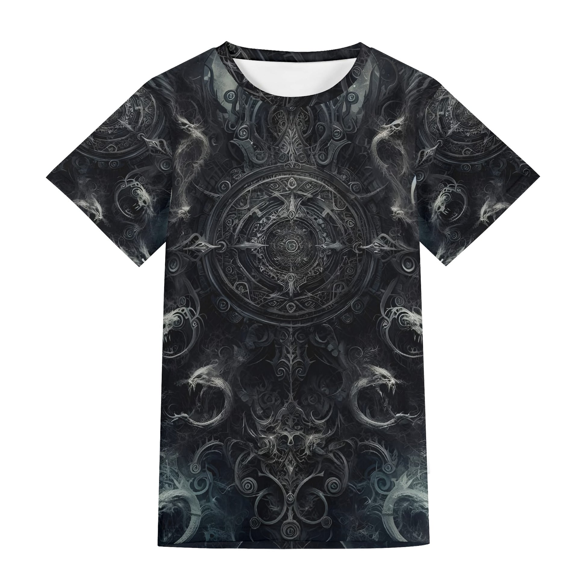The Ornate Prophecy Lycra T-Shirt with dark intricate swirling patterns by Loud and Lethal