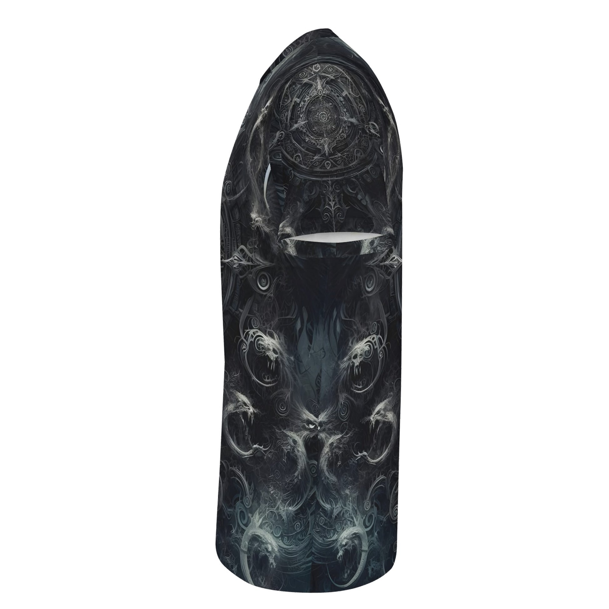 Side view of The Ornate Prophecy Lycra T-Shirt by Loud and Lethal with dark intricate mystic design