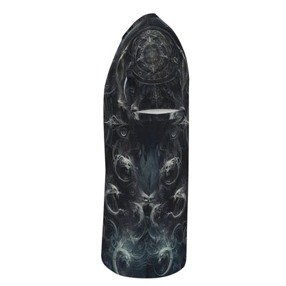 Side view of The Ornate Prophecy Lycra T-Shirt by Loud and Lethal with dark intricate mystic design