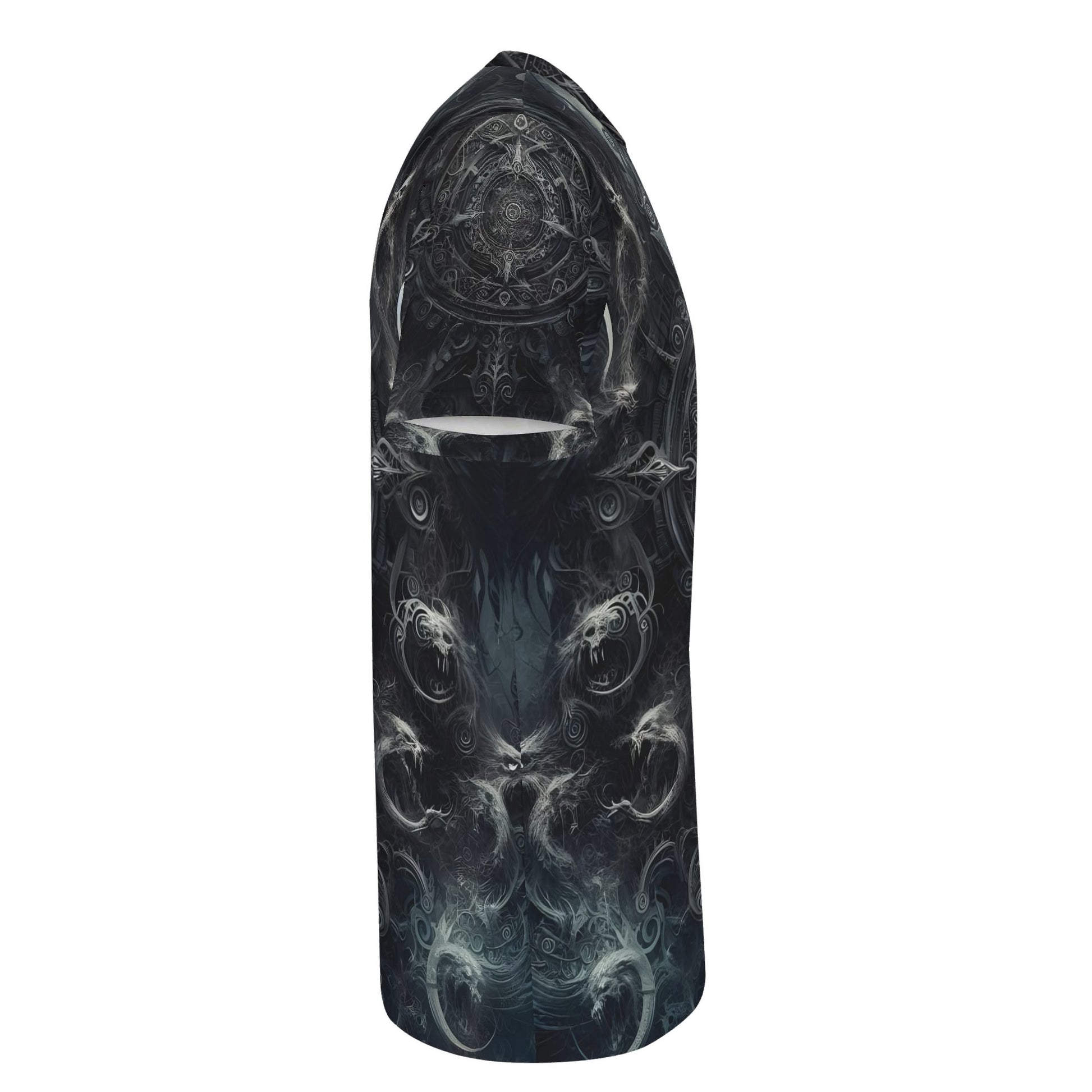 Side view of The Ornate Prophecy Lycra T-Shirt by Loud and Lethal with dark intricate mystical design