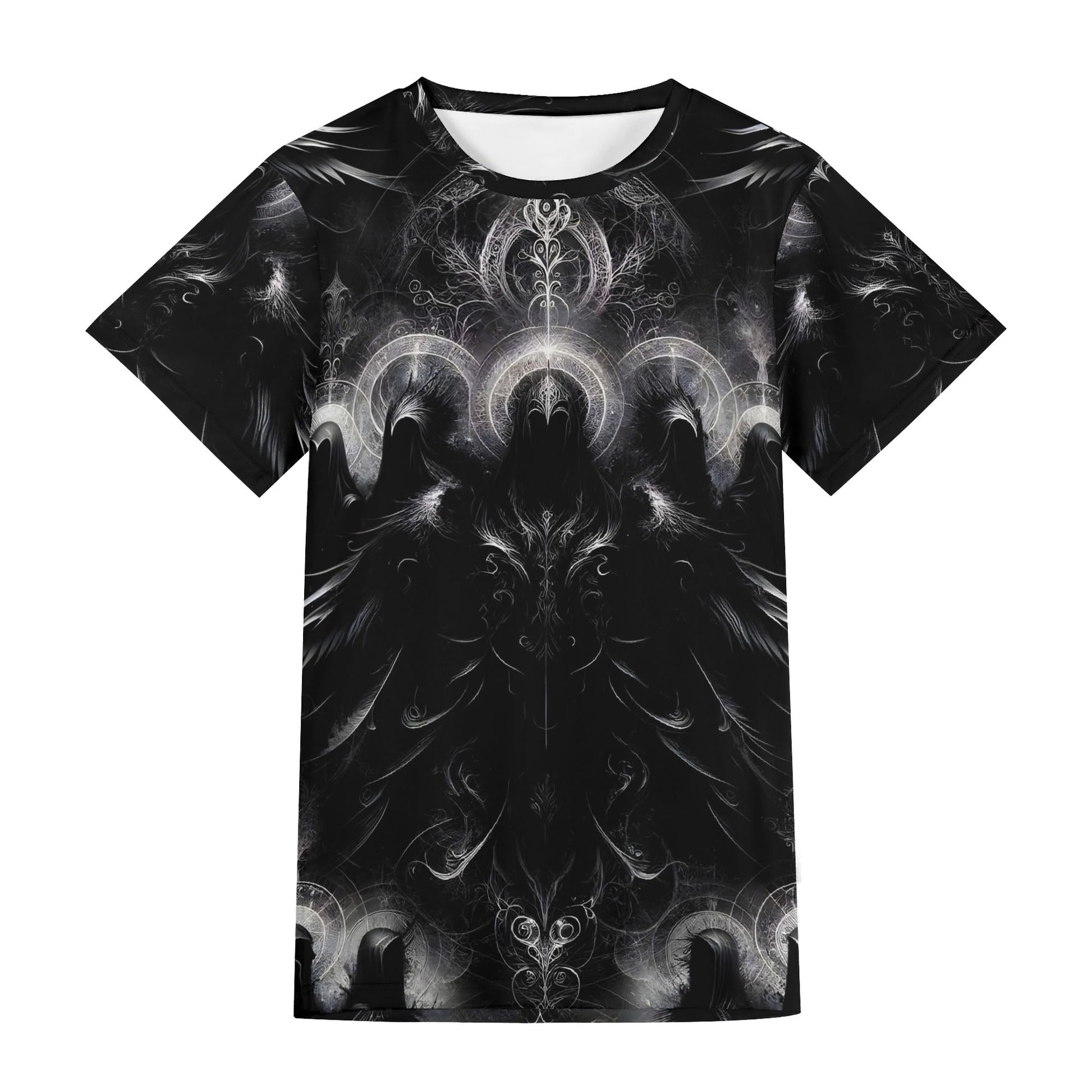 Black unisex T-shirt with intricate dark mystical design by Loud and Lethal The Sacred Eclipse Lycra T-Shirt