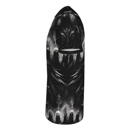 Side view of Loud and Lethal The Sacred Eclipse Lycra T-Shirt with black and gray abstract design