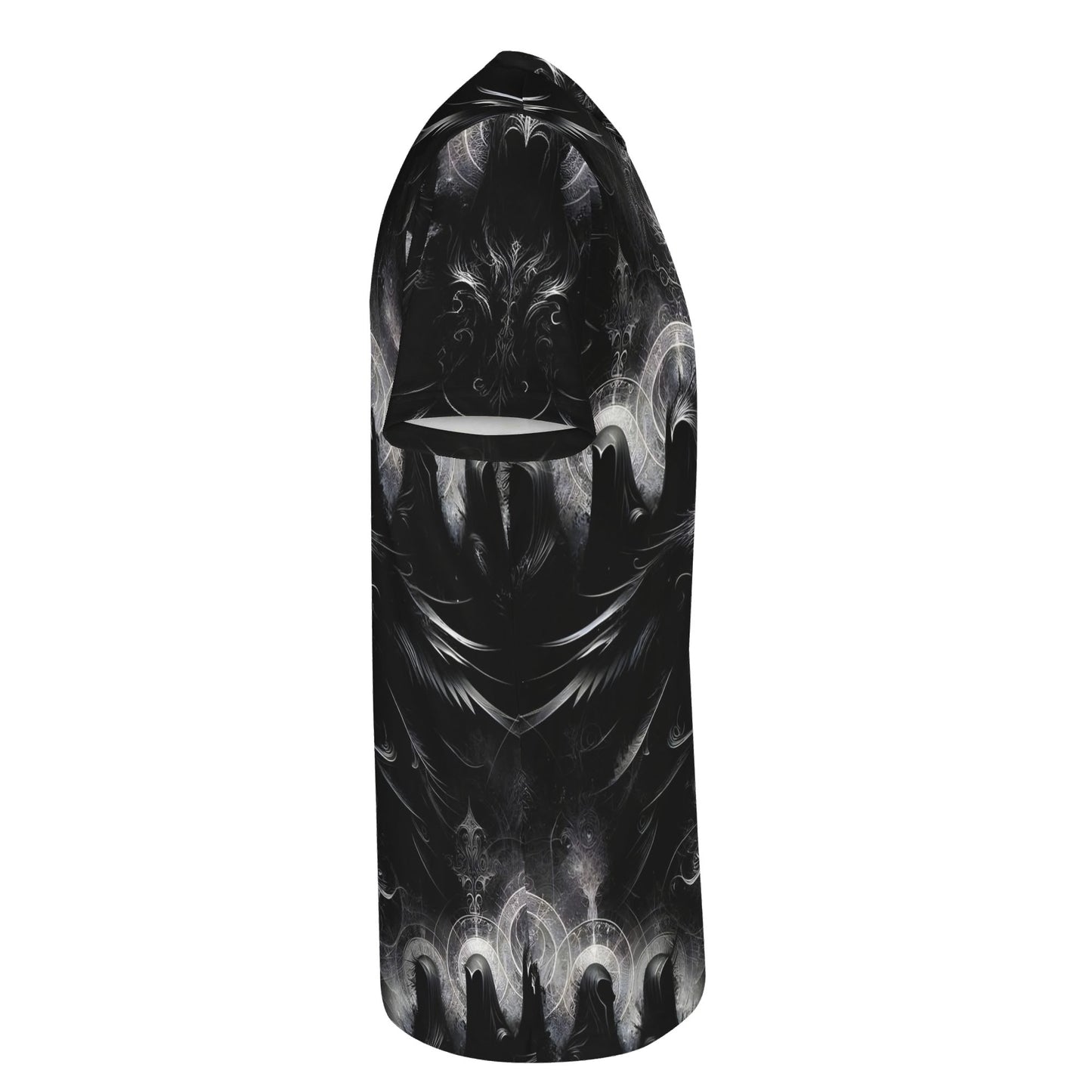 Side view of Loud and Lethal The Sacred Eclipse Lycra T-Shirt featuring dark mystical design on black fabric