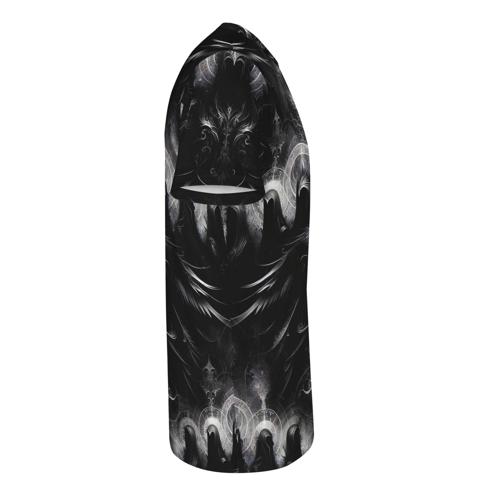 Side view of Loud and Lethal The Sacred Eclipse Lycra T-Shirt featuring dark mystical design on black fabric