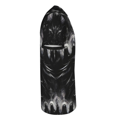 Side view of Loud and Lethal The Sacred Eclipse Lycra T-Shirt featuring dark mystical design on black fabric