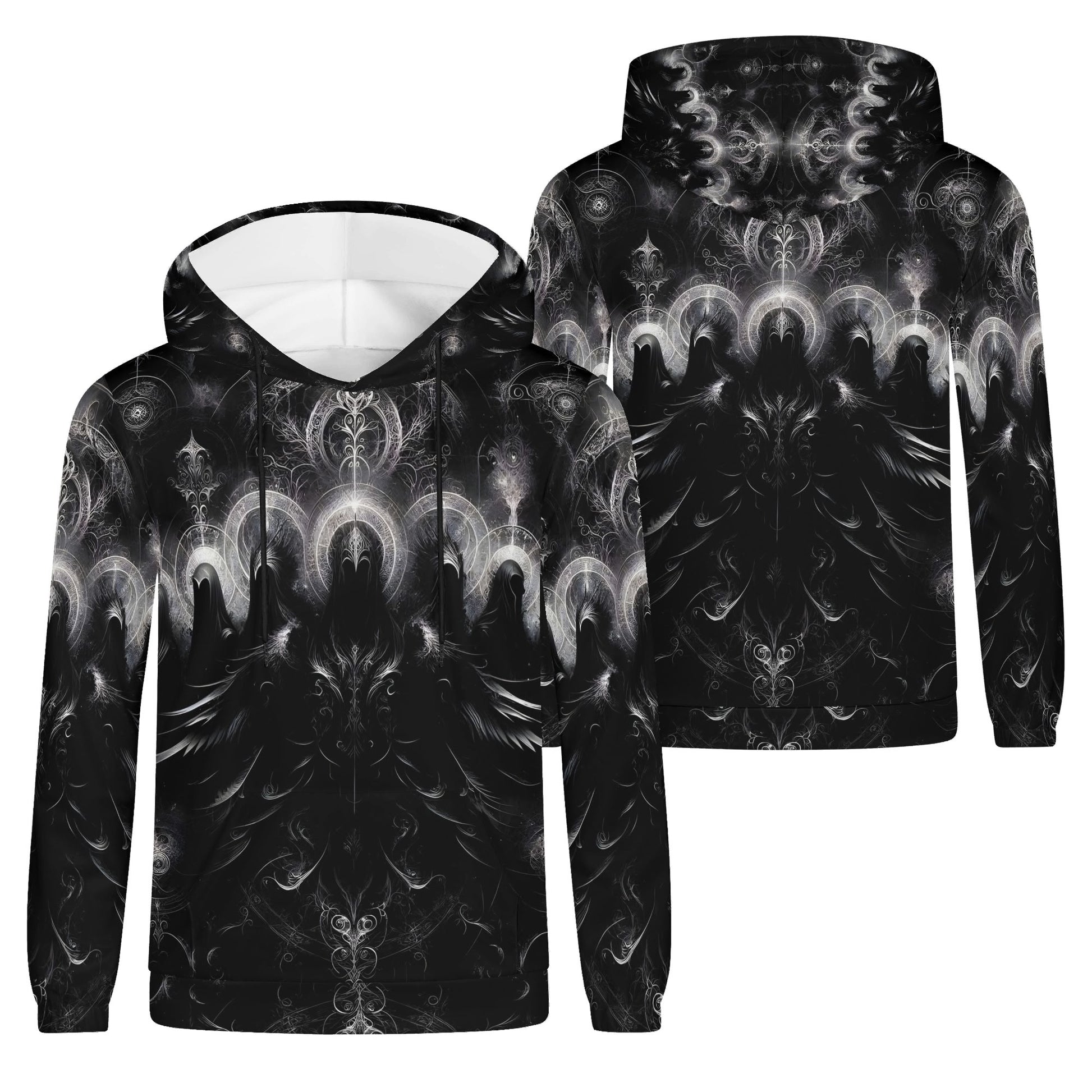 The Sacred Eclipse Poly French Terry hoodie unisex black with intricate abstract celestial design by Loud and Lethal