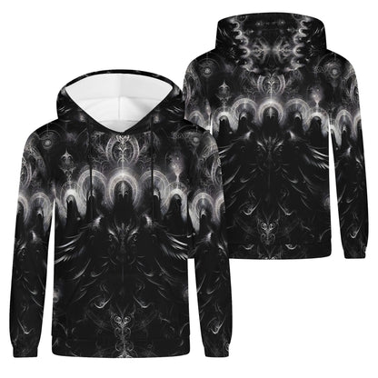 The Sacred Eclipse Poly French Terry hoodie unisex black with intricate abstract celestial design by Loud and Lethal