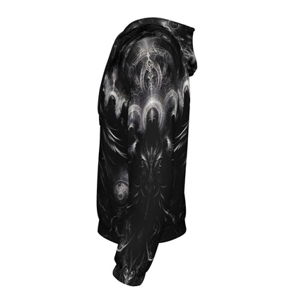 Side view of The Sacred Eclipse Poly French Terry hoodie by Loud and Lethal with dark mystical design