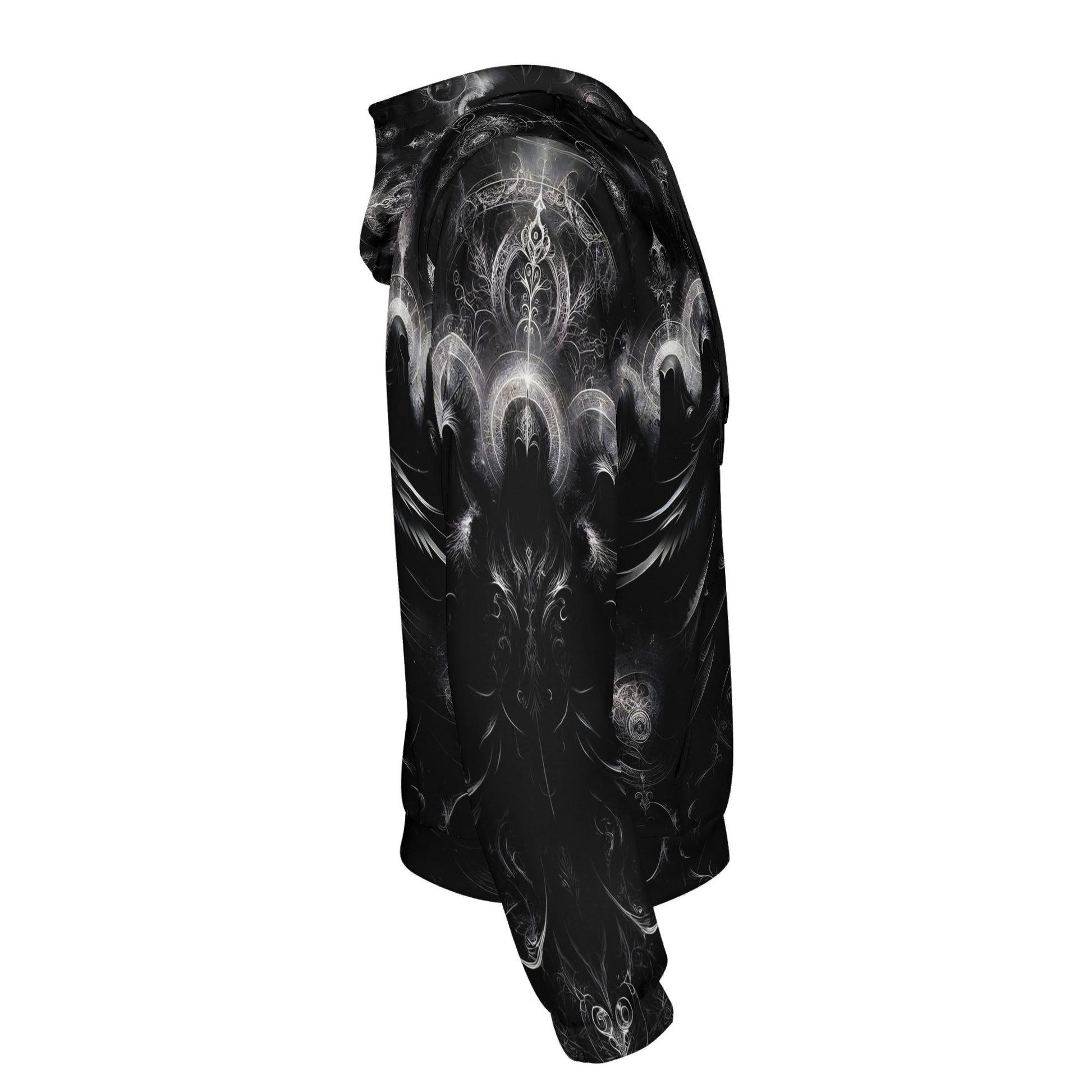 Side view of The Sacred Eclipse Poly French Terry hoodie by Loud and Lethal with black and white intricate design