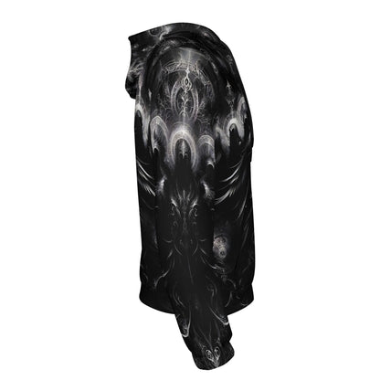 Side view of The Sacred Eclipse Poly French Terry hoodie by Loud and Lethal with black and white intricate design