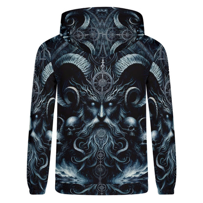 The Seas Dark Sentinel Cotton Terry Hoodie by Loud and Lethal with dark mythical ram skull design