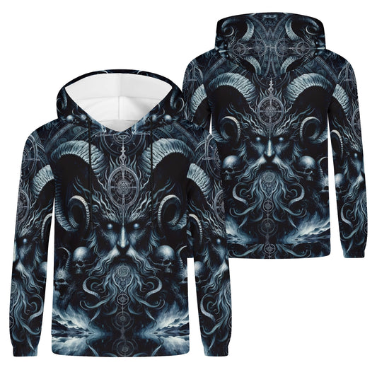 The Seas Dark Sentinel Cotton Terry Hoodie by Loud and Lethal with dark intricate mystical design and ram horns