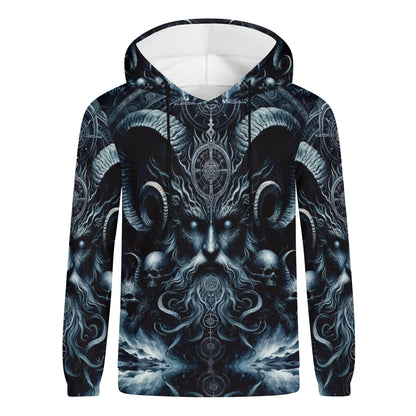 The Seas Dark Sentinel Cotton Terry Hoodie featuring dark mystical ram horn design by Loud and Lethal