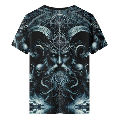 The Seas Dark Sentinel Lycra T-Shirt by Loud and Lethal featuring dark mystical ram skull design