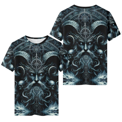 The Seas Dark Sentinel Lycra T-Shirt by Loud and Lethal featuring dark mythical horned figure design on front and back