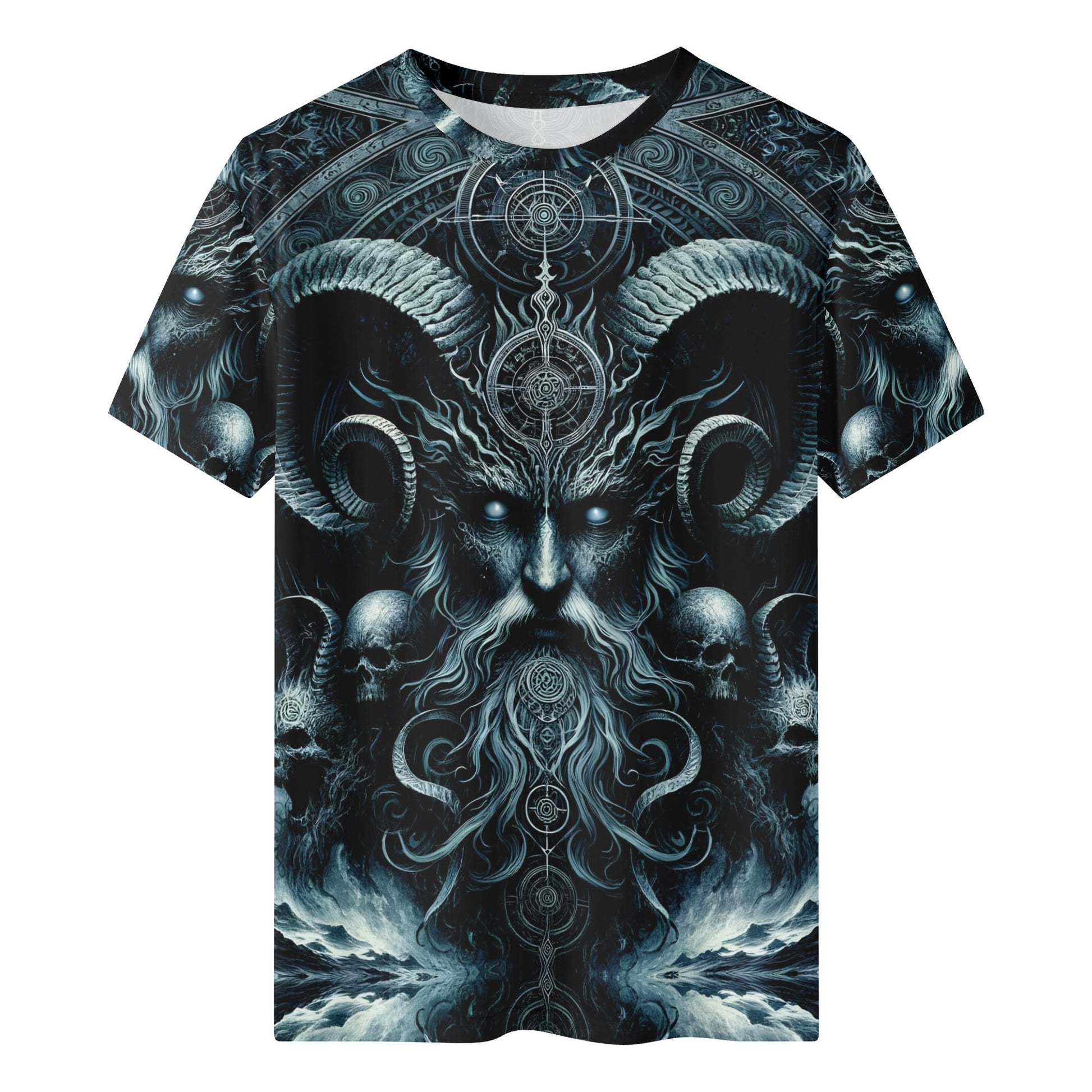 The Seas Dark Sentinel Lycra T-Shirt by Loud and Lethal featuring a dark fantasy ram skull design