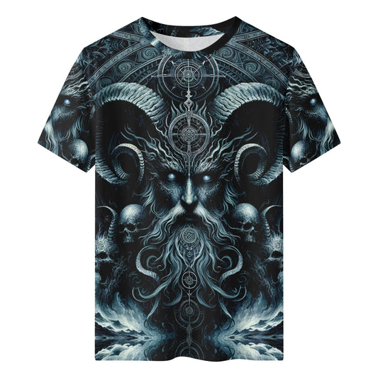 The Seas Dark Sentinel Lycra T-Shirt by Loud and Lethal featuring a dark fantasy ram skull design