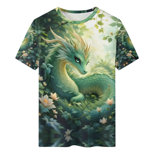 The Serene Dragons Rest Organic Cotton Kids T-Shirt with green dragon and floral forest design