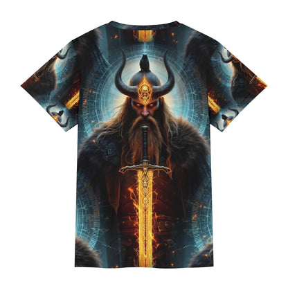 The Vikings Omen 100 Cotton T-Shirt featuring a fierce Viking warrior with glowing sword and horned helmet