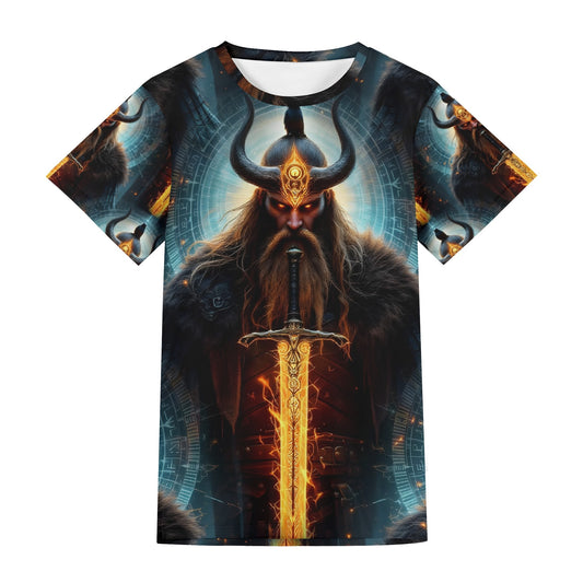 The Vikings Omen Lycra T-Shirt by Loud and Lethal featuring a fierce Viking warrior with glowing sword and horned helmet