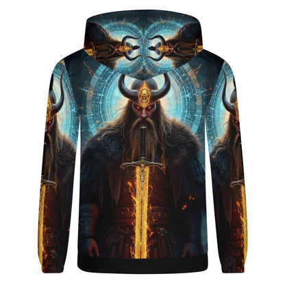The Vikings Omen Poly French Terry hoodie featuring a fierce Viking warrior with glowing sword and horned helmet