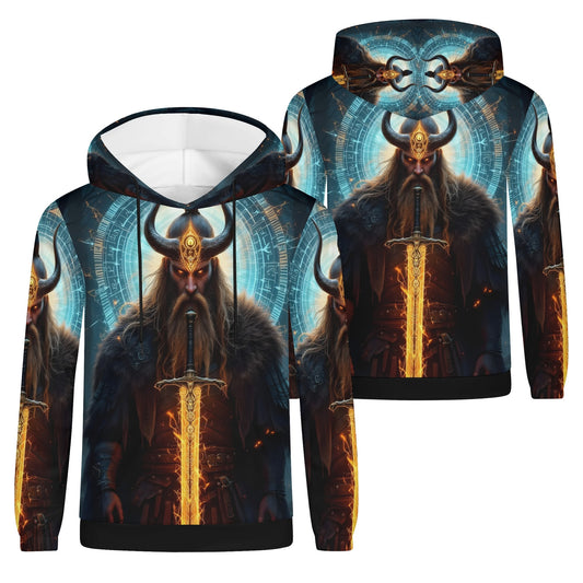 The Vikings Omen Poly French Terry hoodie featuring fierce Viking warrior with glowing sword and intricate background