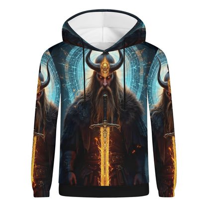 The Vikings Omen Poly French Terry hoodie featuring a fierce Viking warrior with glowing sword design