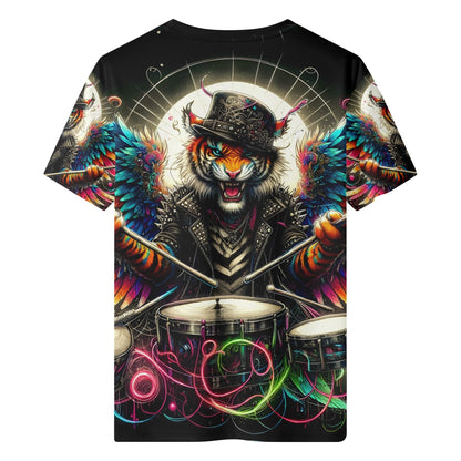 ThunderPaws Organic Cotton Kids T-Shirt with colorful tiger drummer graphic and vibrant wing design