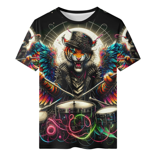 ThunderPaws Organic Cotton Kids T-Shirt featuring a colorful tiger drummer with wings and vibrant neon musical elements
