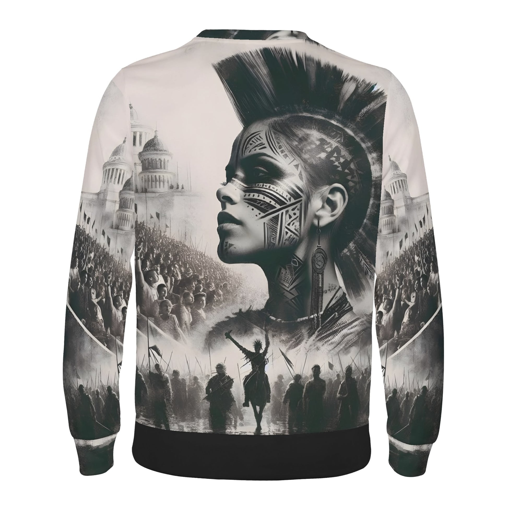 Tribal Uprising Poly French Terry Sweatshirt back view showing warrior woman mohawk and tribal facial tattoos amid battle crowd