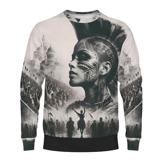 Loud and Lethal unisex Tribal Uprising Poly French Terry Sweatshirt with tribal face profile, mohawk and marching crowd