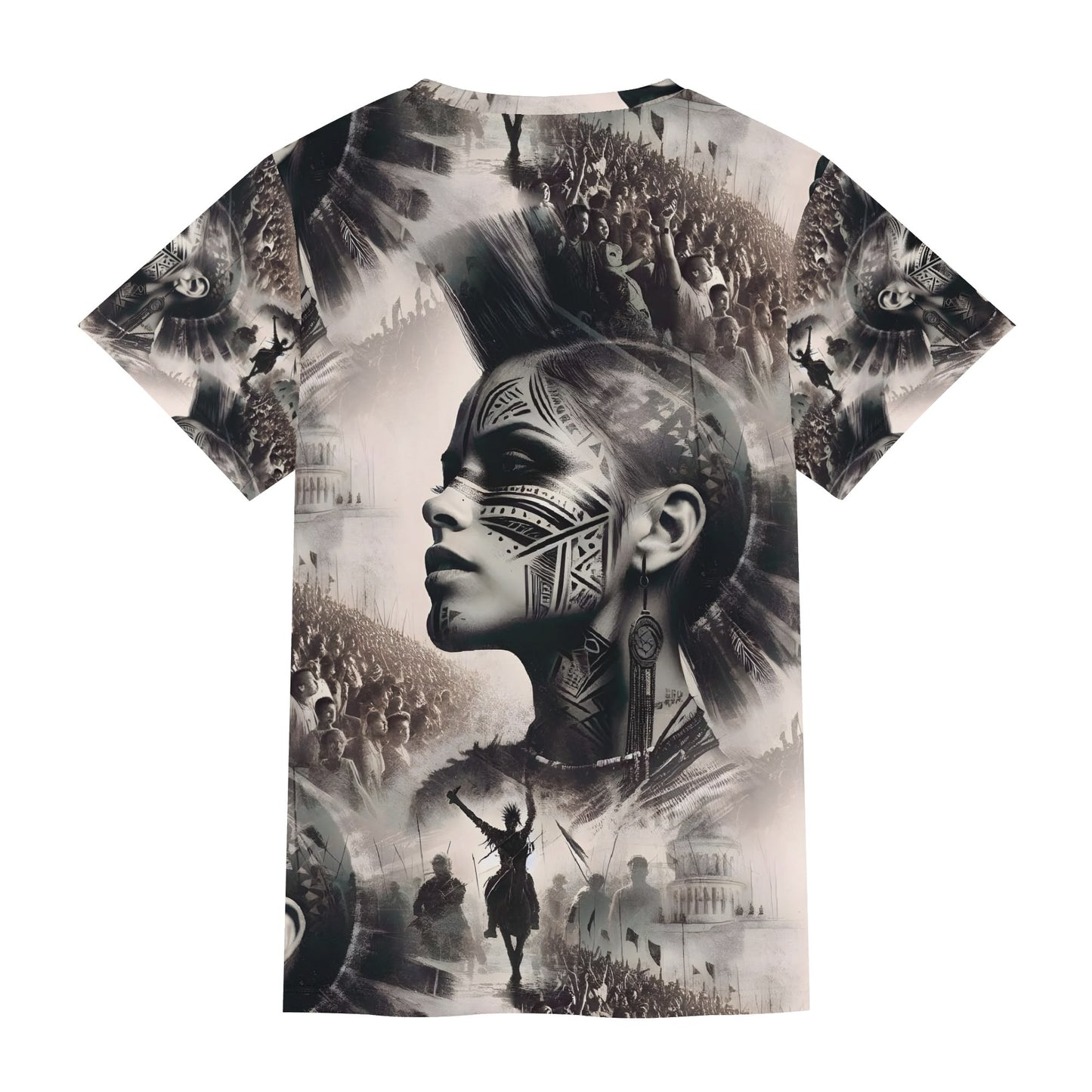 Loud and Lethal Tribal Uprising Lycra T-Shirt featuring black and white tribal warrior and crowd design
