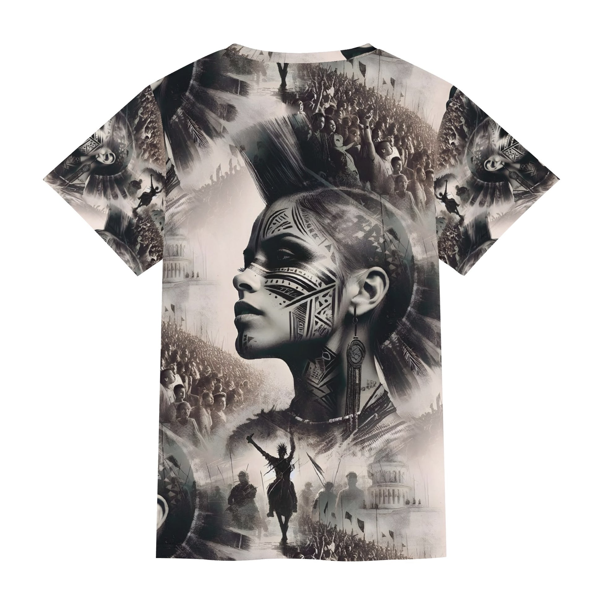 Loud and Lethal Tribal Uprising Lycra T-Shirt featuring black and white tribal warrior and crowd design