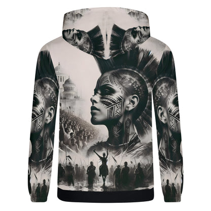 Tribal Uprising Poly French Terry Hoodie by Loud and Lethal featuring detailed black and white tribal face design