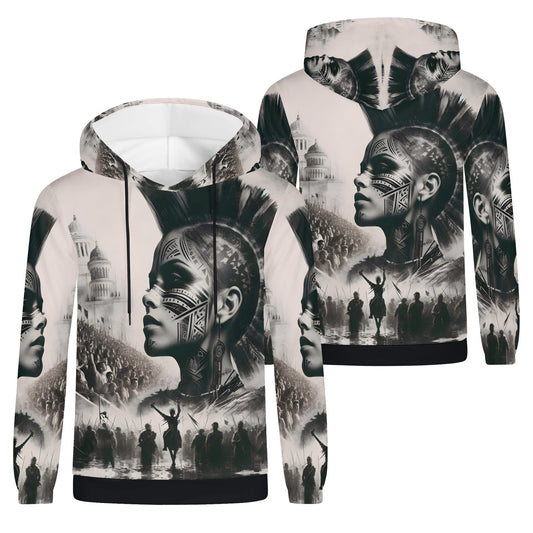 Tribal Uprising Poly French Terry Hoodie featuring bold black and white tribal face art and uprising crowd design