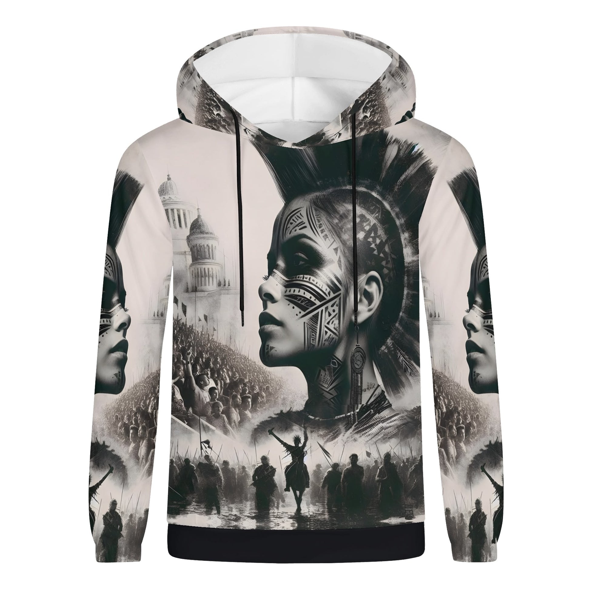 Tribal Uprising Poly French Terry Hoodie by Loud and Lethal with black and white warrior face and crowd design