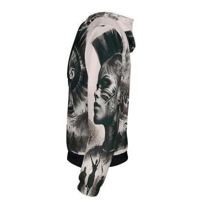 Side view of Loud and Lethal Tribal Uprising Poly French Terry Hoodie with detailed tribal face art and hood