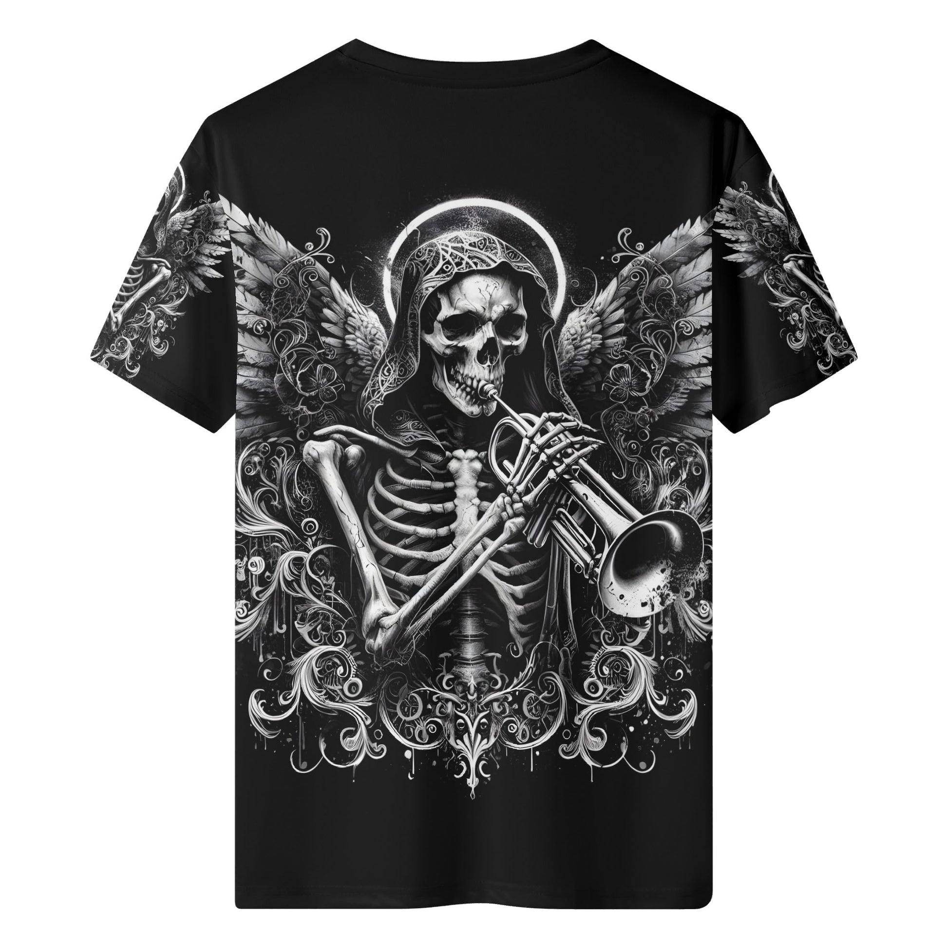 Trumpet of the Dead 100 Cotton T-Shirt with skeleton playing trumpet and detailed angel wings design
