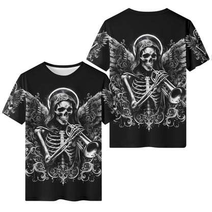 Trumpet of the Dead 100 Cotton T-Shirt featuring skeleton playing trumpet with wings design